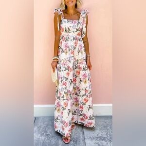 HOUSE OF HARLOW 1960 Linen/Rayon Floral Tie Bow Strap Maxi Dress Garden size M